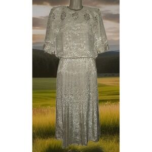 Vtg 80s Nilani Sz 10 Ivory Victorian Garden Tea Blouson Satin Dress Embroidery